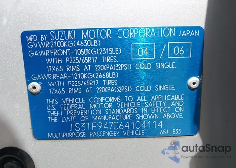 2006 Suzuki Grand Vitara Luxury from USA, damaged, VIN JS3TE947064104114